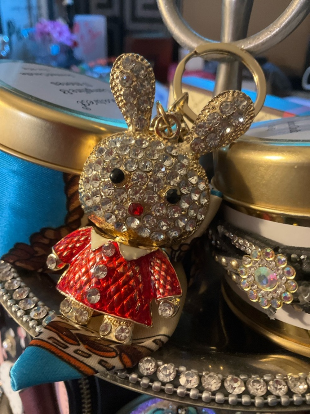 Crystal Bunny Keychain with Red Enamel Dress - Picture 3 of 6